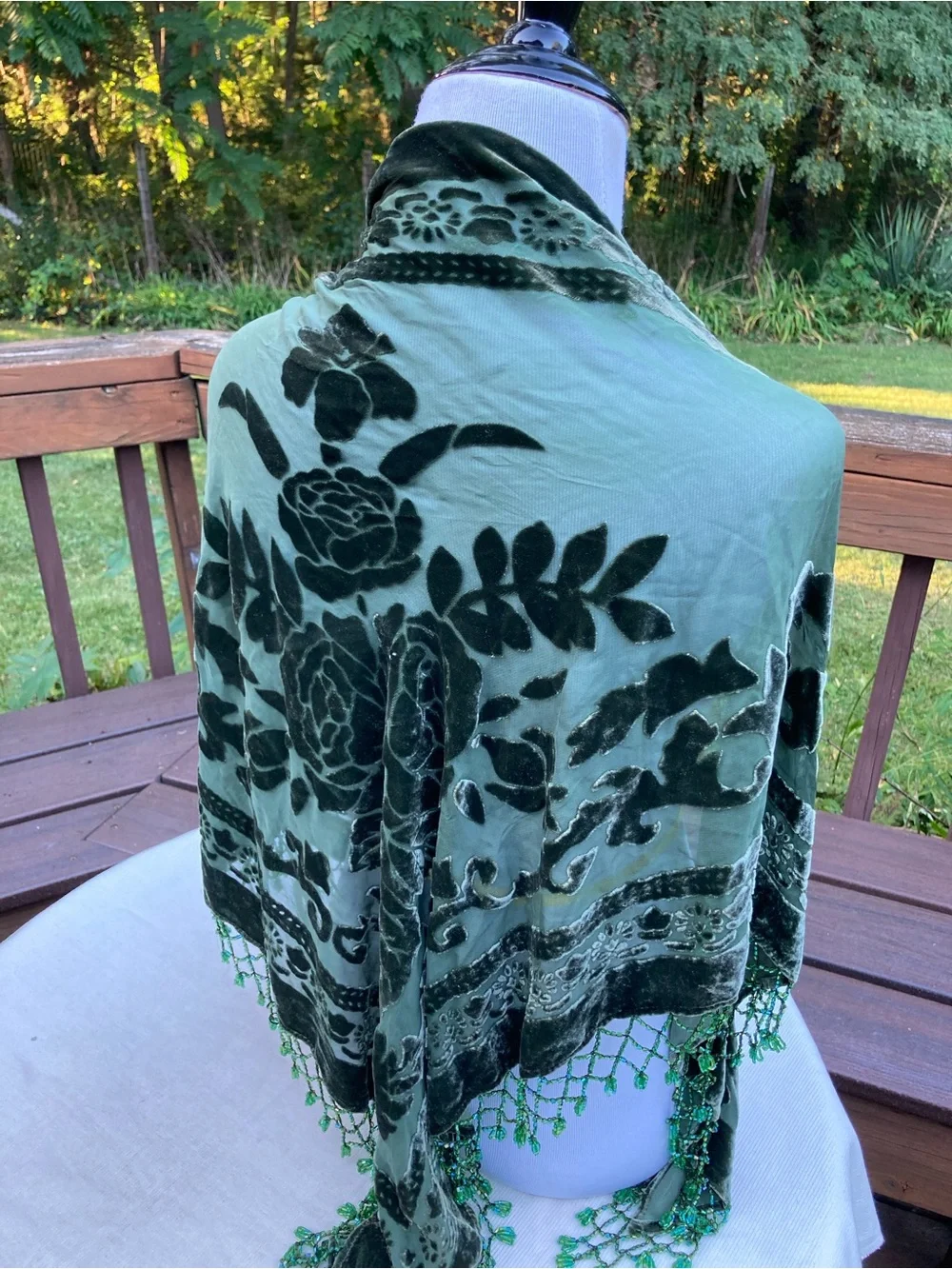 Vintage Rose Silk Velvet Burnout Triangle Shawl Green Floral Beaded Fringe